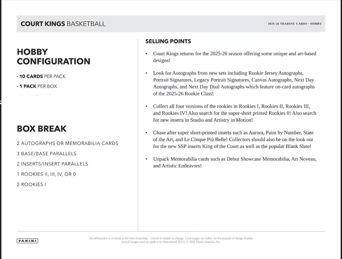 Panini Court Kings 2025-26 NBA Basketball Hobby Box -NEW- 2 Autographs