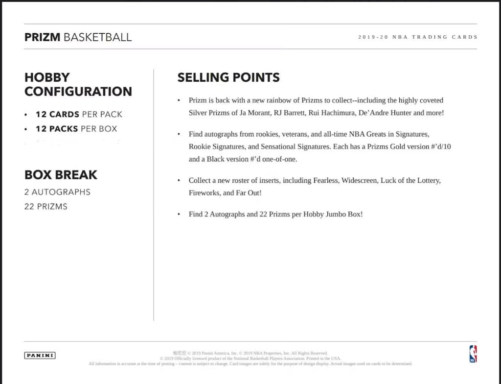 Panini Prizm 2019-20 NBA Basketball Hobby Box -NEW- 2 Autographs