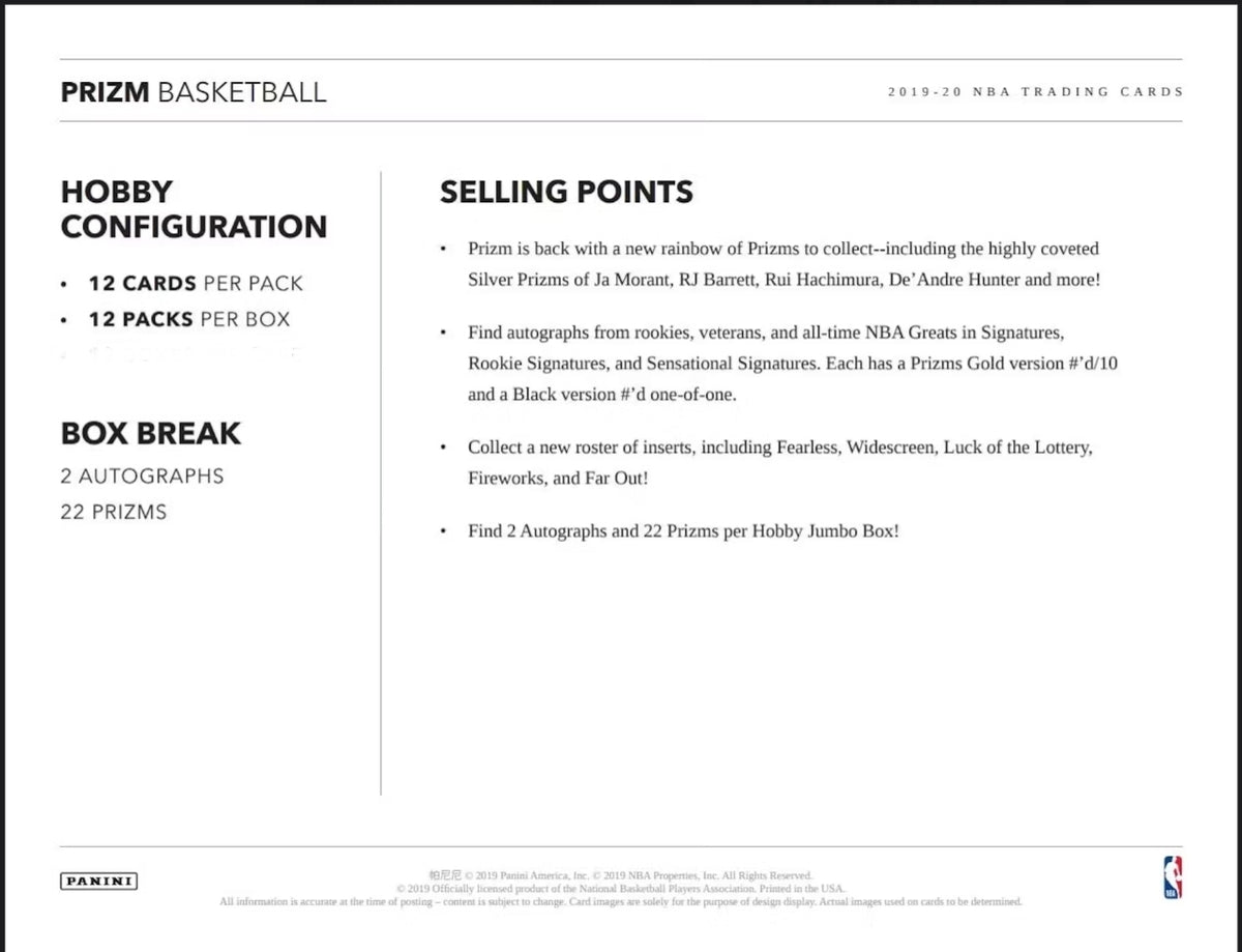 Panini Prizm 2019-20 NBA Basketball Hobby Box -NEW- 2 Autographs